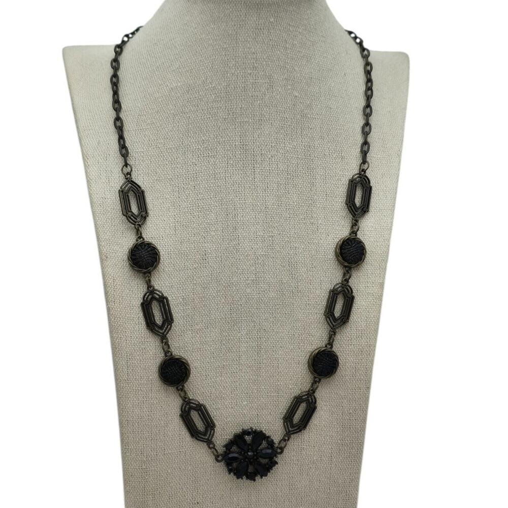 Black Glass Statement Necklace Floral Medallion Chain Dark Romance